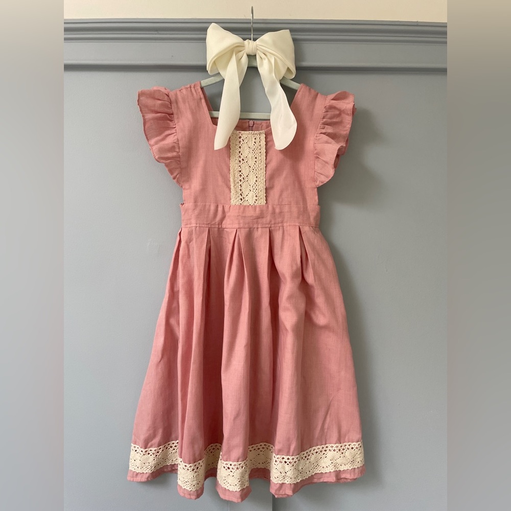 Amazing Couture Dusty Rose Apron Tea Length Girl Dress w/ Ivory Crochet + Ruffle
